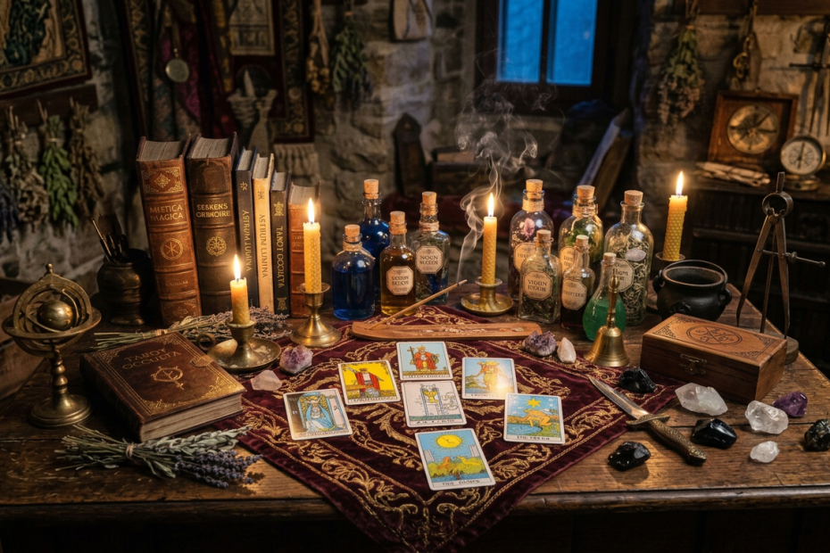 Tarot cards on an embroidered cloth surrounded by candles, books, and labeled potion bottles