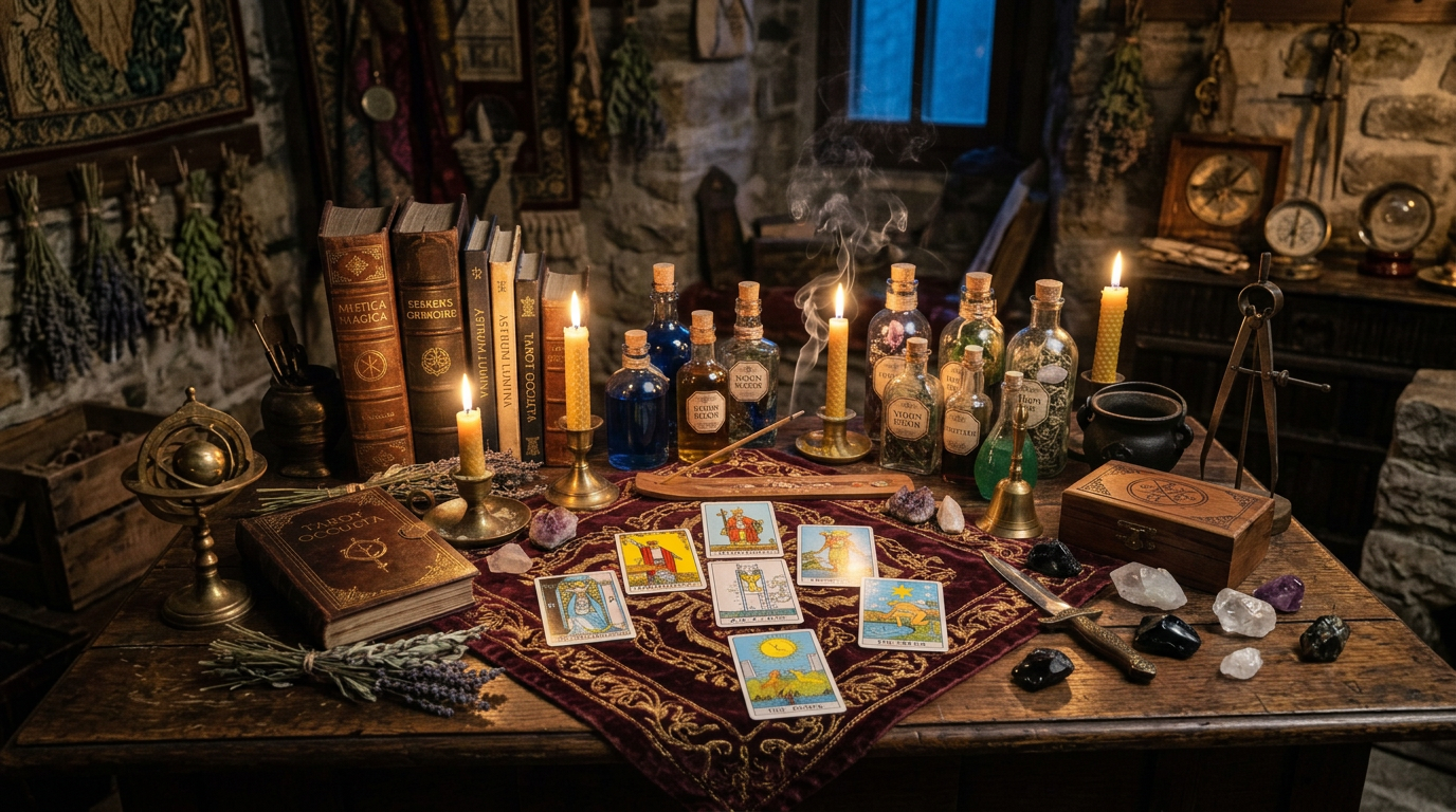 Tarot cards on an embroidered cloth surrounded by candles, books, and labeled potion bottles